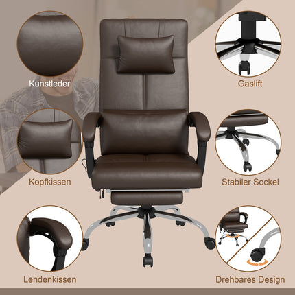 Scaun de birou cu funcție de masaj, scaun de birou ergonomic cu funcție de înclinare, tetiera, reglabil pe înălțime, maro