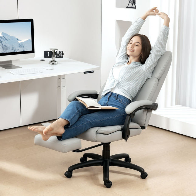 Scaun de birou cu funcție de masaj, scaun de birou ergonomic cu funcție de înclinare, scaun director reglabil pe înălțime cu funcție de pivotare, suport pentru picioare, telecomandă, piele artificială, gri deschis