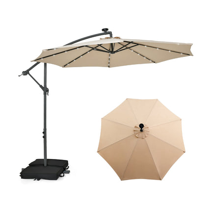 Umbrelă de terasă cu structură înclinată, 300 cm, cu lumini solare LED, bej