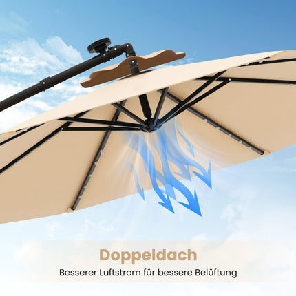 Umbrelă de terasă cu structură înclinată, 300 cm, cu lumini solare LED, bej