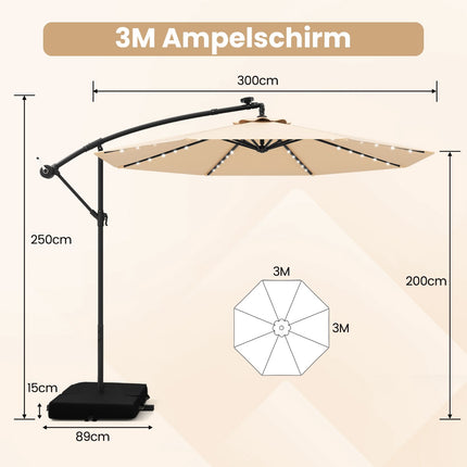 Umbrelă de terasă cu structură înclinată, 300 cm, cu lumini solare LED, bej