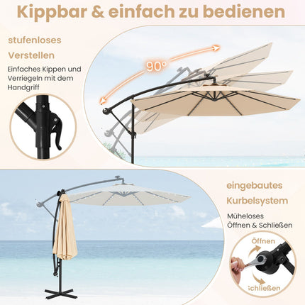 Umbrelă de terasă cu structură înclinată, 300 cm, cu lumini solare LED, bej