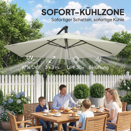 Umbrelă de terasă cu structură laterală, 3 m, crem, cadru metalic, UPF 30+