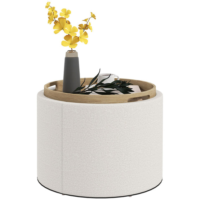 Round ottoman stool with storage, linen look, cream