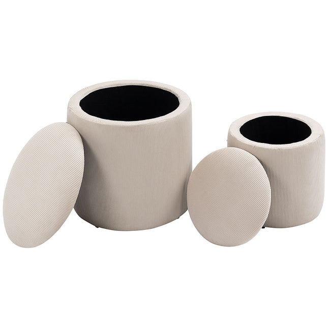 Taburet otoman, set de doua, cu spatiu de depozitare, tapiterie moale, husa aspect catifea, alb crem, 40 x 40 x 41 cm