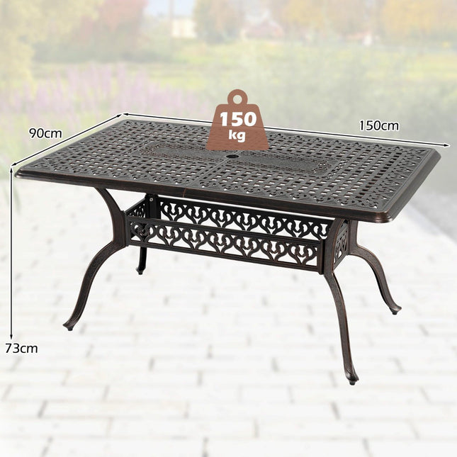 Masă de exterior din aluminiu cu orificiu pentru umbrelă, 150x90 cm