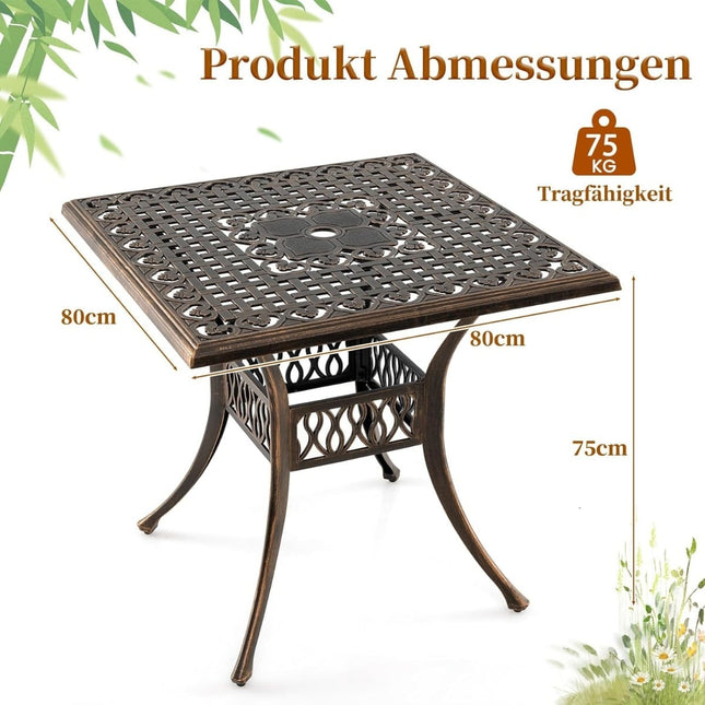 Masă de terasă din aluminiu cu orificiu pentru umbrelă, 80x80 cm