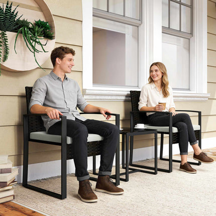 Set de mobilier de balcon pentru exterior, ratan, cu pernuțe, 3 piese