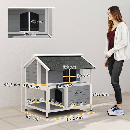 Căsuță pentru pisici de exterior, lemn de brad impermeabil, 2 niveluri, 80x93x95 cm