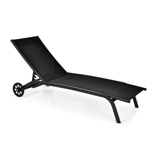 Șezlong exterior – 6 poziții, roți, negru