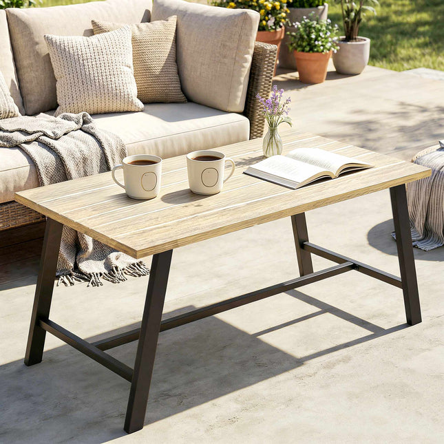 Masă de cafea pentru exterior, blat cu aspect de lemn, 100x55 cm, rezistentă la intemperii