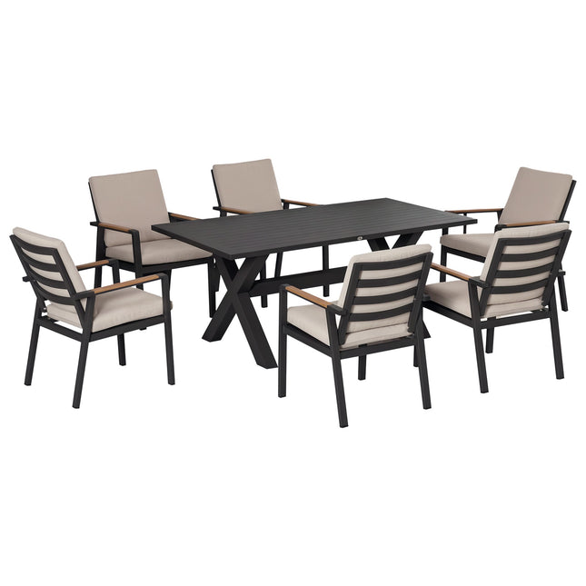 Set de masă pentru exterior pentru 6 persoane, rezistent la intemperii, negru/gri