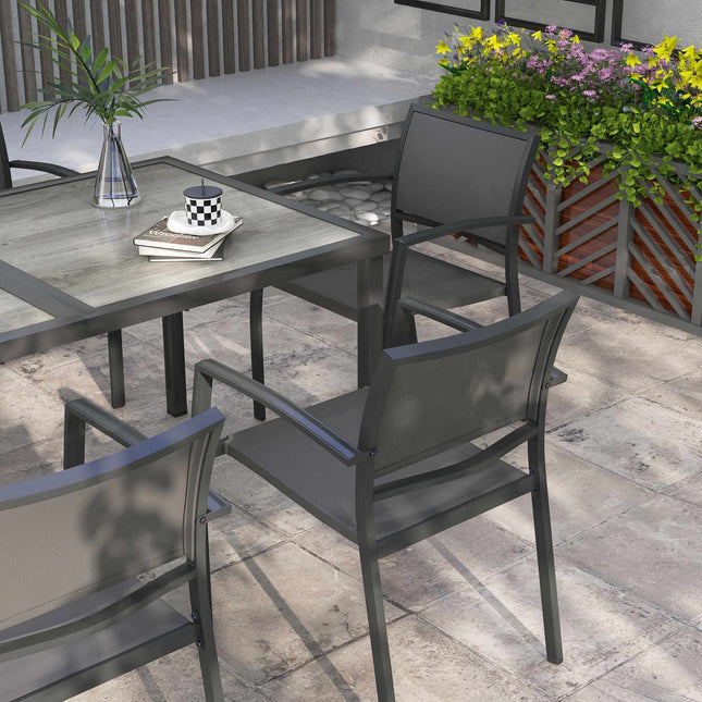 Set de masă pentru exterior cu masă și 6 scaune stivuibile, gri