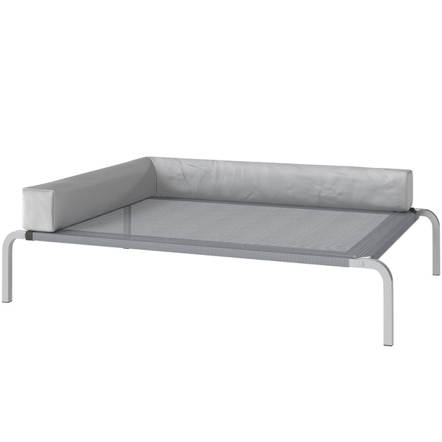 Pat pentru caini de exterior, pat ridicat pentru caini de talie medie, cu perna in forma de L 110x75x30cm, gri deschis
