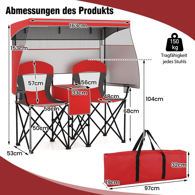 Scaun de camping dublu pentru exterior cu parasolar reglabil