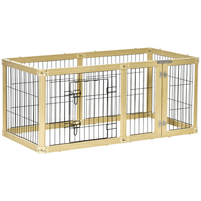 Incinta Exterioara 6 Piese Poarta de Protectie Diy Tarc Puppy Run Acoperire Exterioara Cu Usa Pentru Caini Mici Pliabil Lemn Natural 420 X 62 Cm