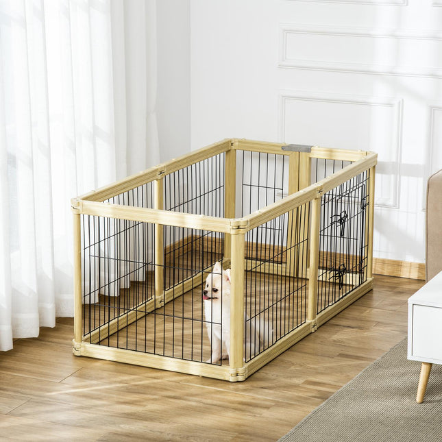 Incinta Exterioara 6 Piese Poarta de Protectie Diy Tarc Puppy Run Acoperire Exterioara Cu Usa Pentru Caini Mici Pliabil Lemn Natural 420 X 62 Cm