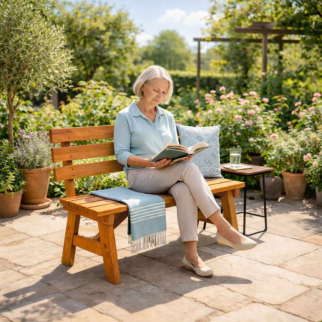 Bancă de grădină din lemn de brad cu spătar, portocaliu