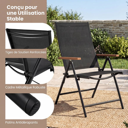 Set de 4 scaune de grădină pliabile pentru exterior, 5 poziții, negru