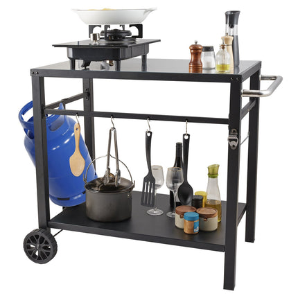 Outdoor Grill Cart, Double Shelf, Iron Top, Wheels