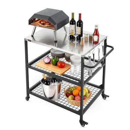 Outdoor Grill Cart, Stainless Top, 2 Mesh Shelves, Wheels