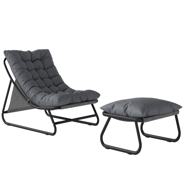 Set de șezlonguri de exterior cu taburet, gri închis, capacitate 120 kg