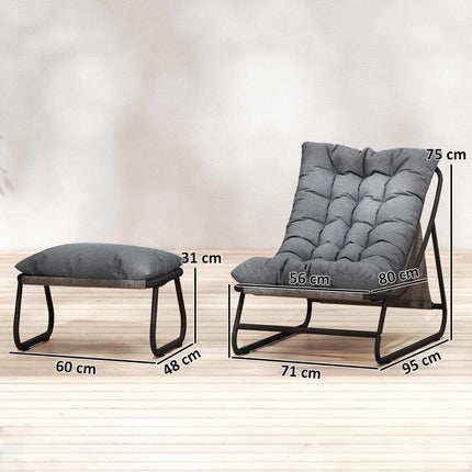 Set de șezlonguri de exterior cu taburet, gri închis, capacitate 120 kg