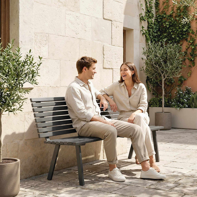 Bancă de grădină metalică pentru exterior, neagră, 154 cm, 3 locuri