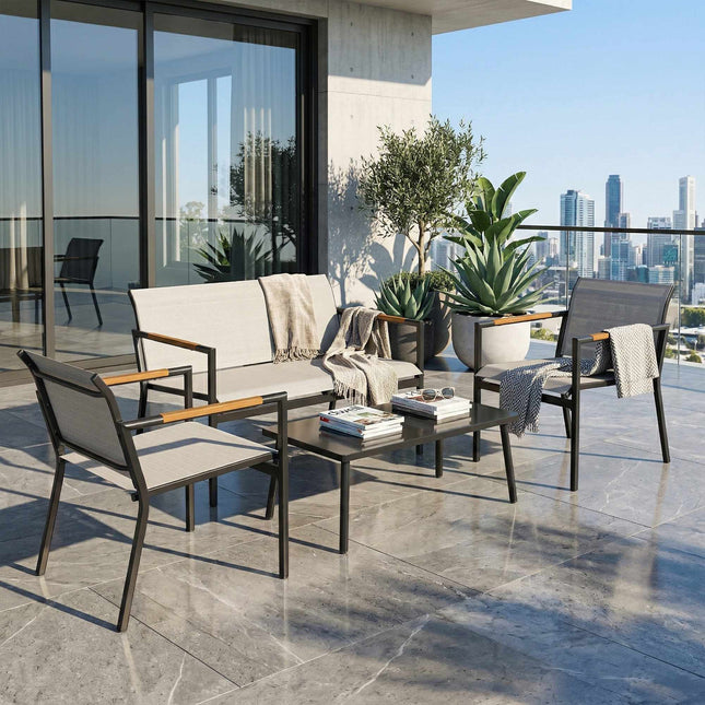 Set de mobilier de terasă pentru 4 persoane cu canapea, scaune, masă