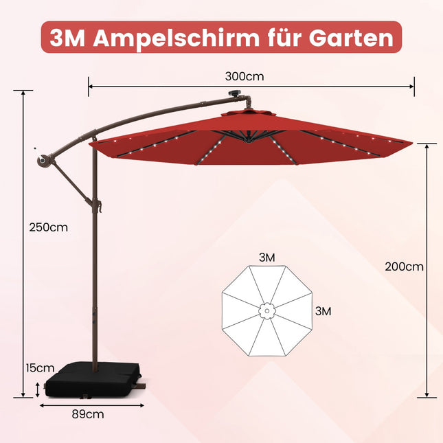 Umbrelă de terasă cu lumini LED solare, 3 m, roșie