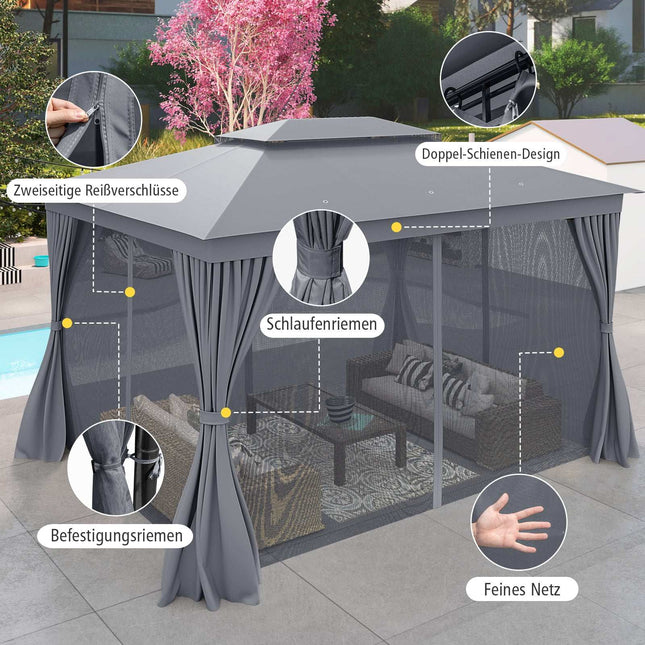 Pavilion exterior cu plasă și perdele – impermeabil, 4x3m