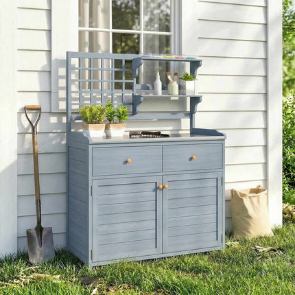 Bancă de grădinărit pentru exterior cu blat zincat, 2 sertare, 104x44x140 cm
