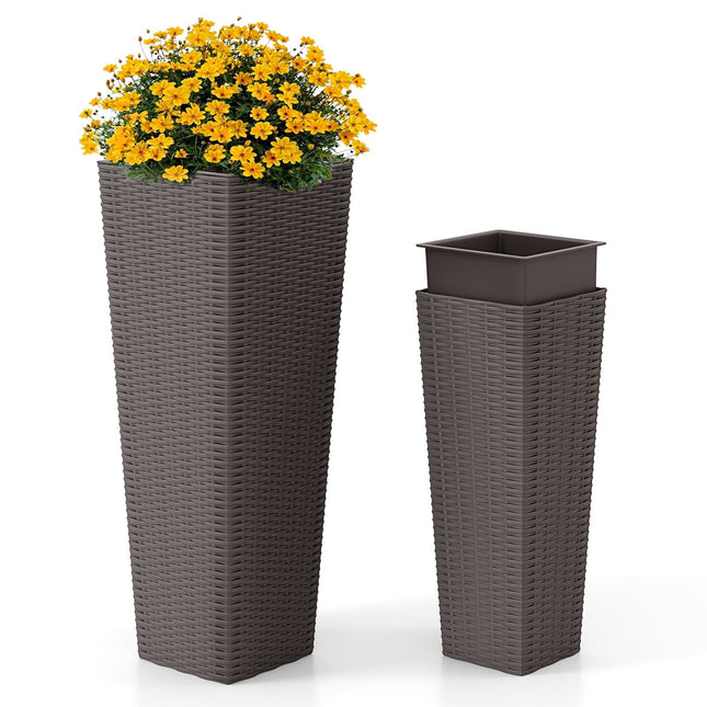 Set de jardiniere din ratan pentru exterior, 2 dimensiuni, ghivece interioare, drenaj