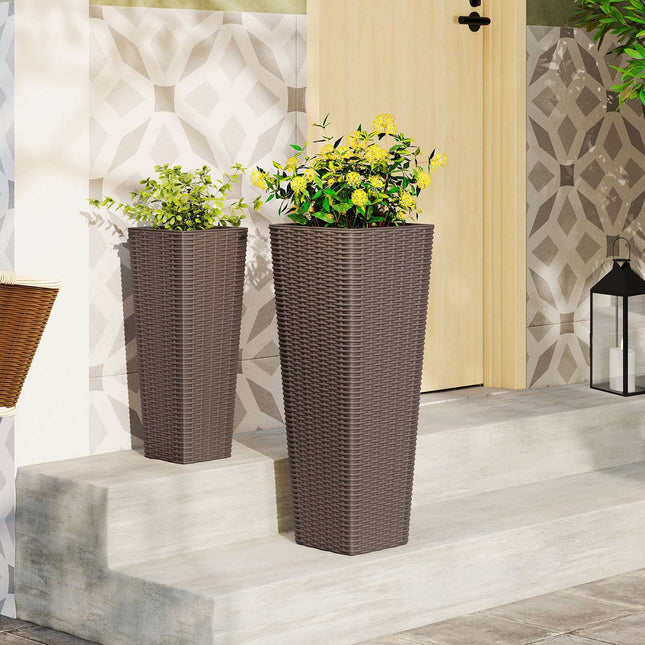 Set de jardiniere din ratan pentru exterior, 2 dimensiuni, ghivece interioare, drenaj