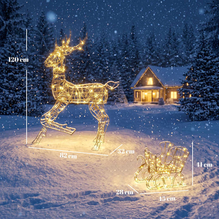 Outdoor Reindeer and Sleigh Christmas Lights, 2 Pieces, 175 LEDs, 8 Modes, Timer