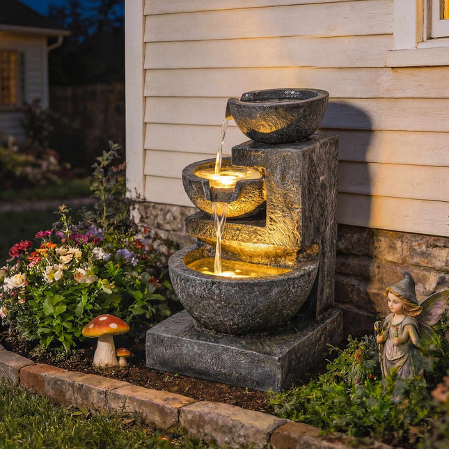 Fântână de exterior din rășină cu lumini LED reglabile, design cu 3 niveluri
