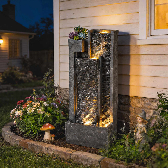 Fântână de exterior din rășină cu jardinieră și lumini LED