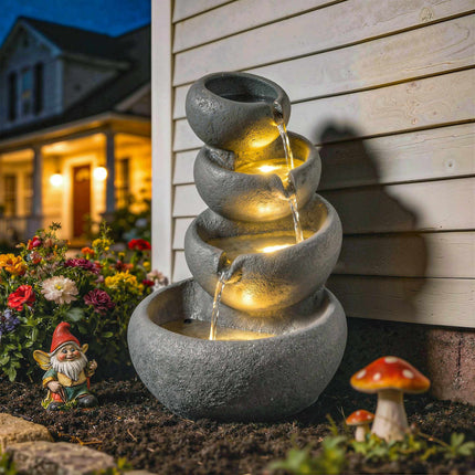 Fântână de exterior din rășină cu lumini LED, cu 4 niveluri