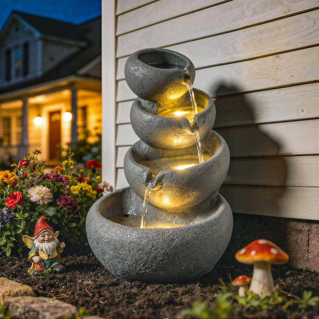 Fântână de exterior din rășină cu lumini LED, cu 4 niveluri
