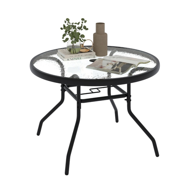 Masă rotundă din sticlă pentru exterior cu orificiu pentru umbrelă, 70 cm