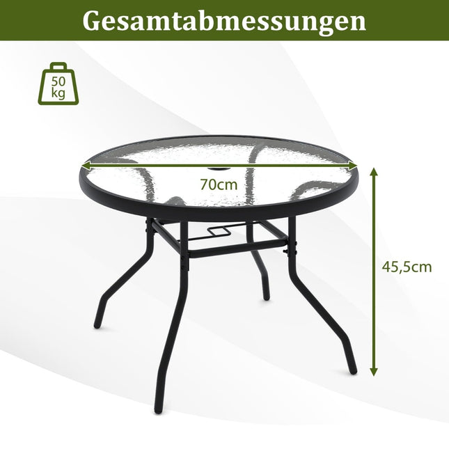 Masă rotundă din sticlă pentru exterior cu orificiu pentru umbrelă, 70 cm