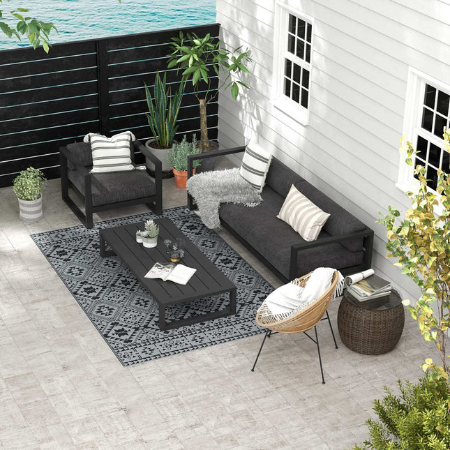 Covor de exterior, covor din plastic hidrofug, reversibil, pentru camping & terasă, negru+gri, 182X274Cm