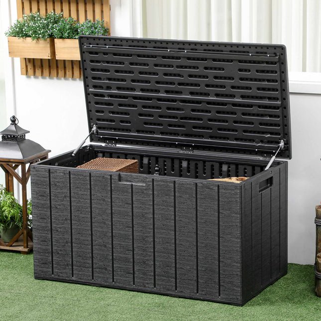 Cutie de depozitare pentru exterior, 366 l, impermeabilă, din plastic, cu roți
