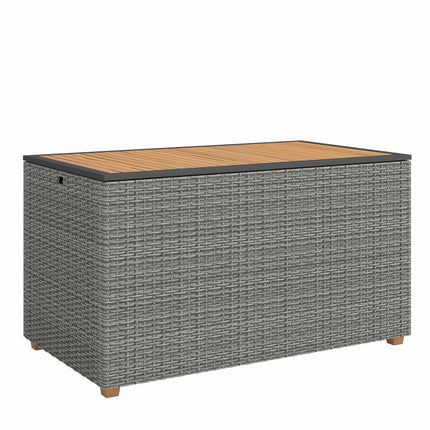 Ladă de depozitare pentru exterior 450L, ratan impermeabil, capac din lemn