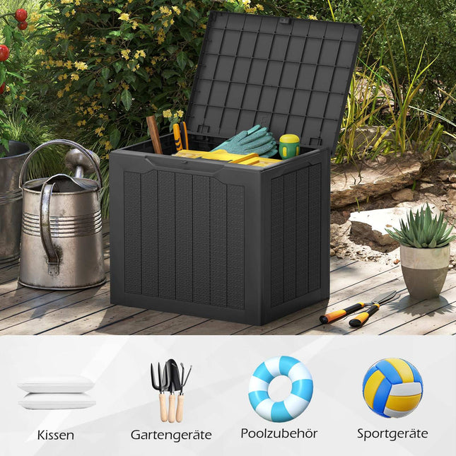 Ladă de depozitare pentru exterior 96L, capac cu încuietoare, aspect ratan, neagră