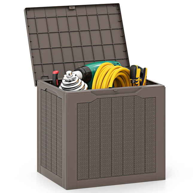 Ladă de depozitare pentru exterior 96L, capac cu încuietoare, aspect ratan, maro