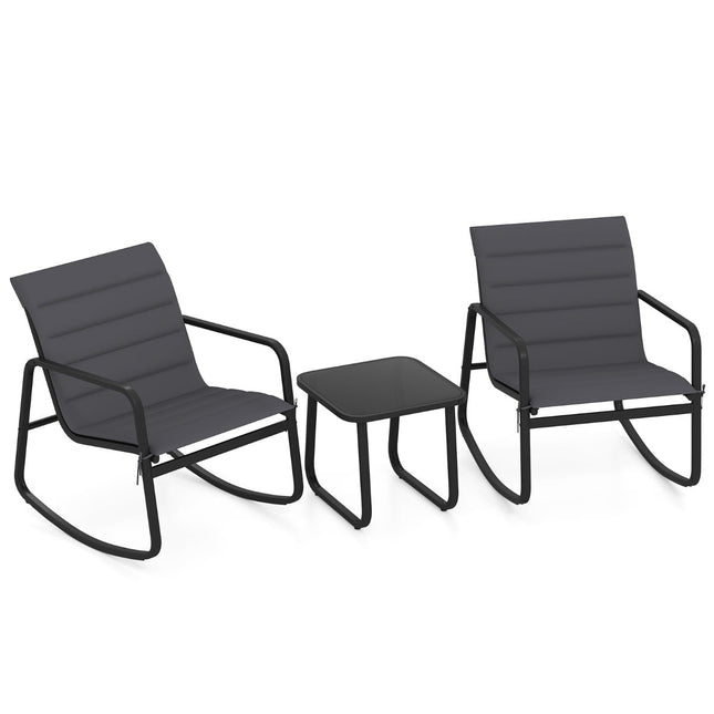 Set bistro cu balansoar de exterior – 2 scaune și masă de sticlă, gri