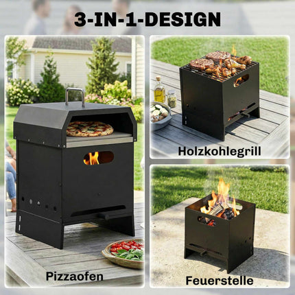 Cuptor de pizza pe lemne pentru exterior, 3 în 1, cu piatră și paletă