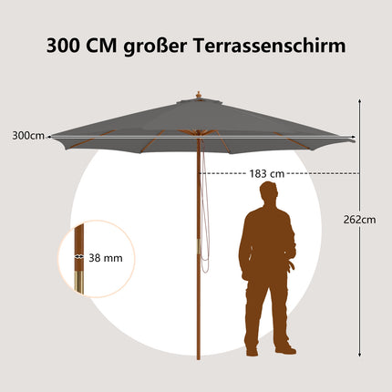 Umbrelă de terasă din lemn, 300 cm, înălțime reglabilă