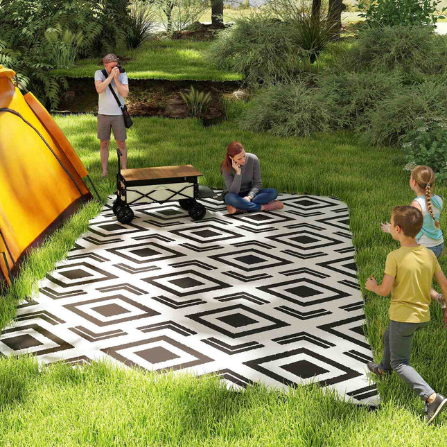 Covor exterior, covor exterior rezistent la intemperii cu geanta de transport, covor pliabil, stil boho, covor exterior pentru living, balcon, gradina, terasa, baie, hol, bucatarie, 182 x 274 cm negru + alb Aosom